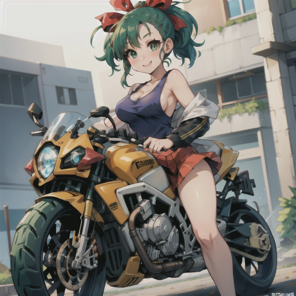 girl、(((one person)))、green eyes、green hair、Red ribbon and ponytail hair、black mini skirt、riders jacket、Tank top、D cup bust、background blur、line of sight、blush、smile、motorcycle、straddle、wide angle lens、Angle from below