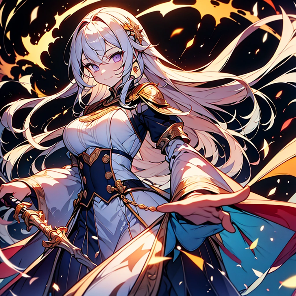highest quality,((highest quality)),((table top)),((perfect face)),detailed５two-fingered hand,1 girl.long eyelashes,white and purple dress,white jacket,With a cane,Has a weapon,Flames flutter,golden hair,purple eyes,smile,Nordic face,Beauty,((holographic)),milky way, (stripes of light), impressive visuals, (dynamic streak, path of light:1.2), bright colors,