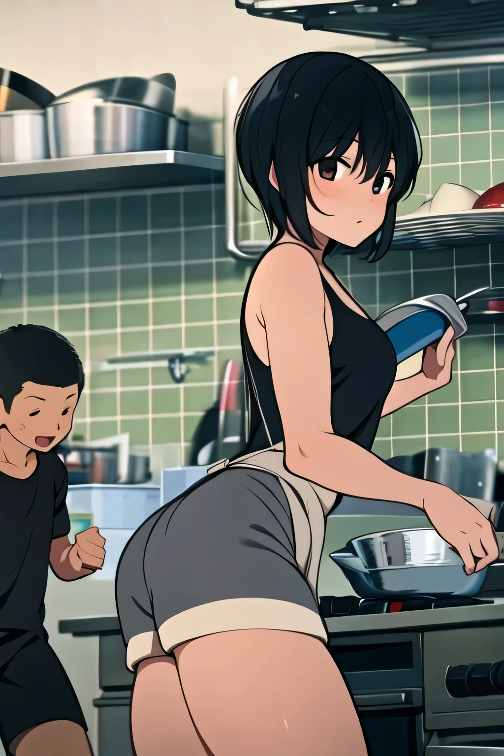 group、big family、(masterpiece, highest quality:1.2), The heroine is 1GORL、A stunningly beautiful girl with short hair and bangs、He is wearing a black tank top, grey shorts and a light brown apron and is washing dishes in the sink.、