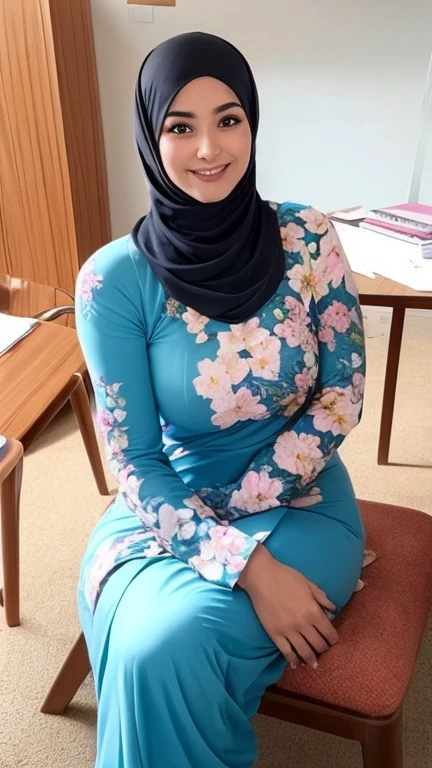 a close up selfie of a woman in a classroom, sitting on a chair in front of a table, spread legs wide, gigantic dildo penetration: 1.4, sun kissed, warm lighting, daytime, looking at viewer, smiling, (baju kurung, floral hijab:1.2)