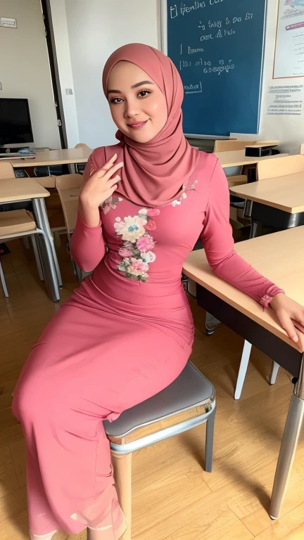 a close up selfie of a woman in a classroom, sitting on a chair in front of a table, spread legs wide, gigantic dildo penetration: 1.4, sun kissed, warm lighting, daytime, looking at viewer, smiling, (baju kurung, floral hijab:1.2)