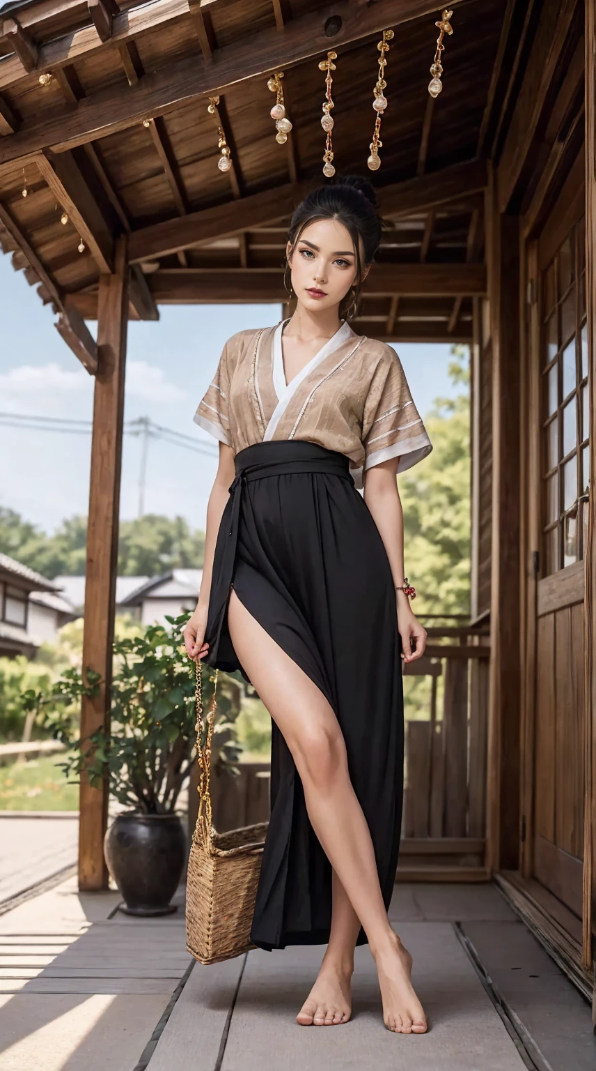 ((最high quality, 8K, masterpiece: 1.3, Ultra HD, high quality, 最high quality, High resolution, realism)) 、A stunningly beautiful 22-year-old Japanese woman、hair color is black、black eye、medium hair、straight hair、smile、Slender but well-proportioned muscular body、Athlete-like body type、I don't want my head to disappear from the screen.、Wearing accessories on your wrist、Wearing red nail polish、I have a peticure、Sitting on the veranda of a Japanese house in the Japanese countryside、It's summer、A wind chime is hung in front of the eaves.、barefoot、There is a basket full of tomatoes and carrots on the veranda.、The basket is made of woven bamboo strips、A courtyard spreads out in front of the verandah.、There is a well with a hand pump in the courtyard.、wear a yukata