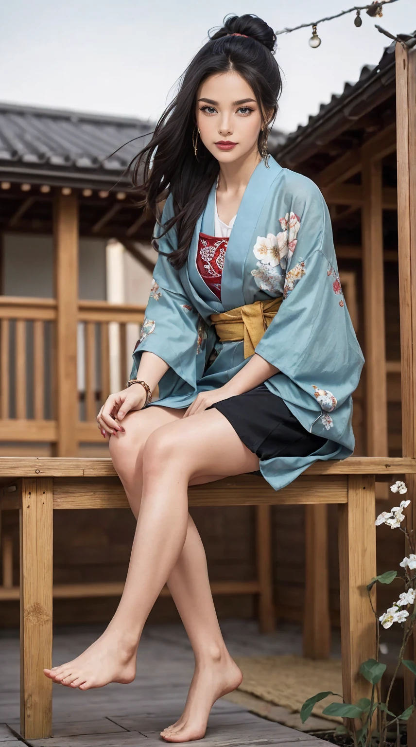 ((最high quality, 8K, masterpiece: 1.3, Ultra HD, high quality, 最high quality, High resolution, realism)) 、A stunningly beautiful 22-year-old Japanese woman、hair color is black、black eye、medium hair、straight hair、smile、Slender but well-proportioned muscular body、Athlete-like body type、I don&#39;t want my head to disappear from the screen.、Wearing accessories on your wrist、Wearing red nail polish、I have a peticure、Sitting on the veranda of a Japanese house in the Japanese countryside、It&#39;s summer、A wind chime is hung in front of the eaves.、barefoot、There is a basket full of tomatoes and carrots on the veranda.、The basket is made of woven bamboo strips、A courtyard spreads out in front of the verandah.、There is a well with a hand pump in the courtyard.、wear a yukata