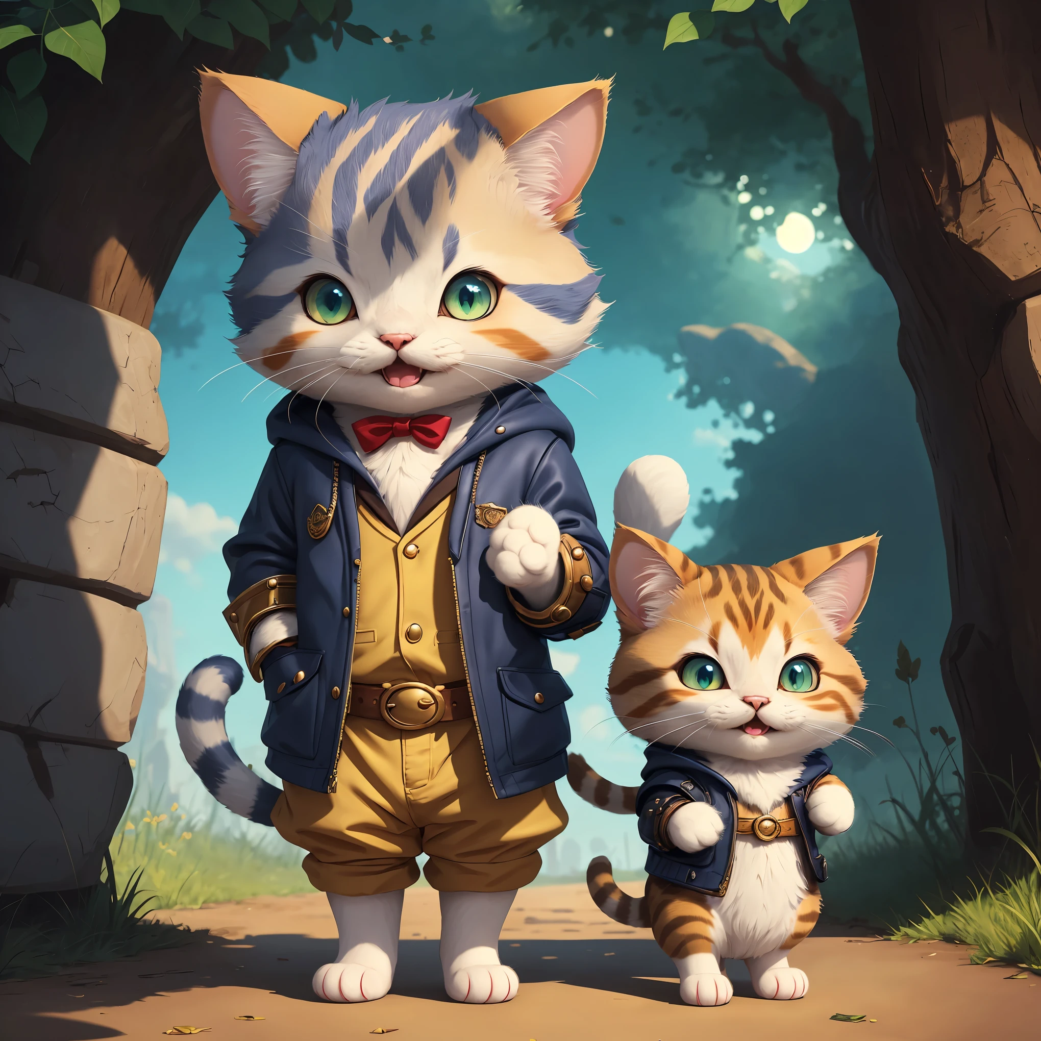 A cat knight in a magical world, inspired by the famous cat and mouse duo Tom and Jerry. The cat knight embodies the spirit of chivalry and courage as it engages in a playful and humorous battle with a mischievous mouse. The scene captures the sense of fantasy, fun, and adventure, showcasing the bond of friendship between the unlikely pair. The artwork is created in a whimsical and cute art style, with vivid colors and detailed fantasy elements. (best quality,4k,8k,highres,masterpiece:1.2),ultra-detailed,(realistic,photorealistic,photo-realistic:1.37),studio lighting,professional,comic style,cartoonish,funny expressions,vivid colors,magical atmosphere.