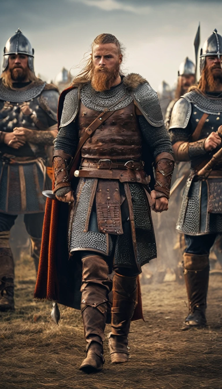 Arafed man in armor standing in front of a line of soldiers, VIQUINGUES, Cultura Viking, guerreiro Viking, Guerreiro Viking antigo, an epic viking battle scene, viking and templar aesthetics, estilo Viking, norse warrior, armadura Viking, epic viking king, traje Viking, wearing norse armor, armadura Viking detalhada, Viking, Rei Viking, usando roupas VIQUINGUES, epic realistic, Soft cinematic portrait, adobe lightroom, photographic lab, altamente detalhado, desbotado, (cores neutras: 1,2), (hdr: 1,4) , (cores suaves:1.2), hiperdetalhado, (artstation:1.4), cinemactic, luzes quentes, dramatic light, (detalhes intrincados:1.1), fundo complexo, (rutkowski:0.66), (azul e laranja:0.4), 8K INFO