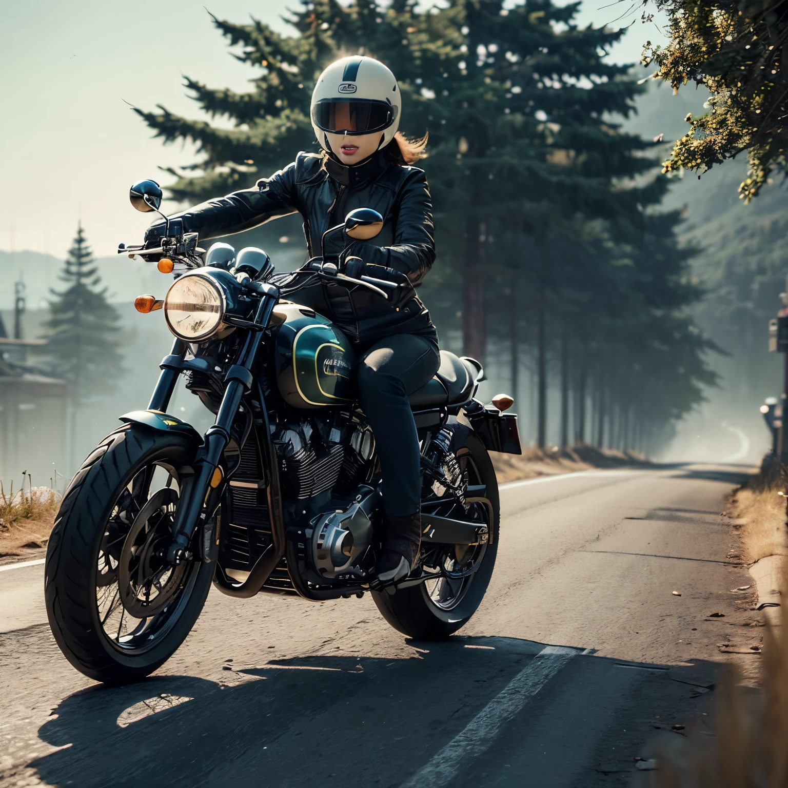 A girl riding a café racer motorcycle, wearing a black leather jacket and black boots, with a retro helmet. The motorcycle has a sleek and glossy black body with silver accents. The girl has beautiful detailed eyes and lips, with long eyelashes. The café racer is speeding through a curved road in the countryside, with trees and green fields in the background. The sunlight is casting a warm and nostalgic glow on the scene. The image should have the best quality, with ultra-detailed rendering and realistic colors. The overall style should be a mix of concept art and photography, with a vintage tone.