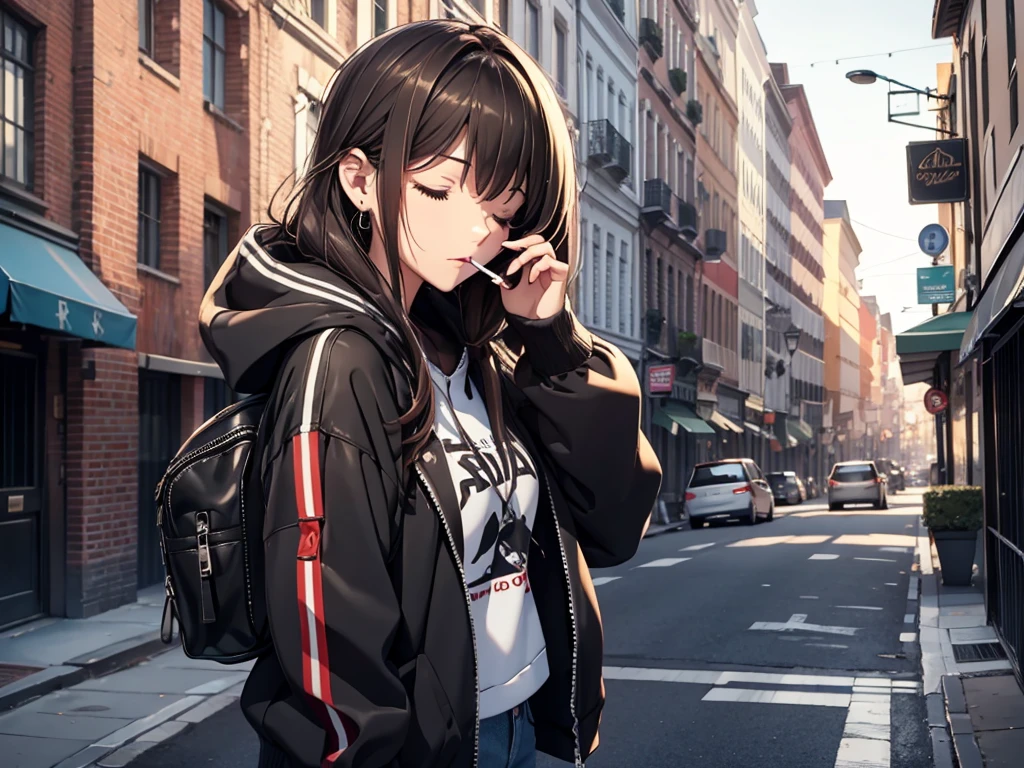 a girl smoking a cigarette, smoking, smoker, long brown hair, she's in extase, she's enjoying it, alone, (((masterpiece))), highly detailled face, black hoodie, short jeans, closed eyes, wearing headphones, abandonned street,