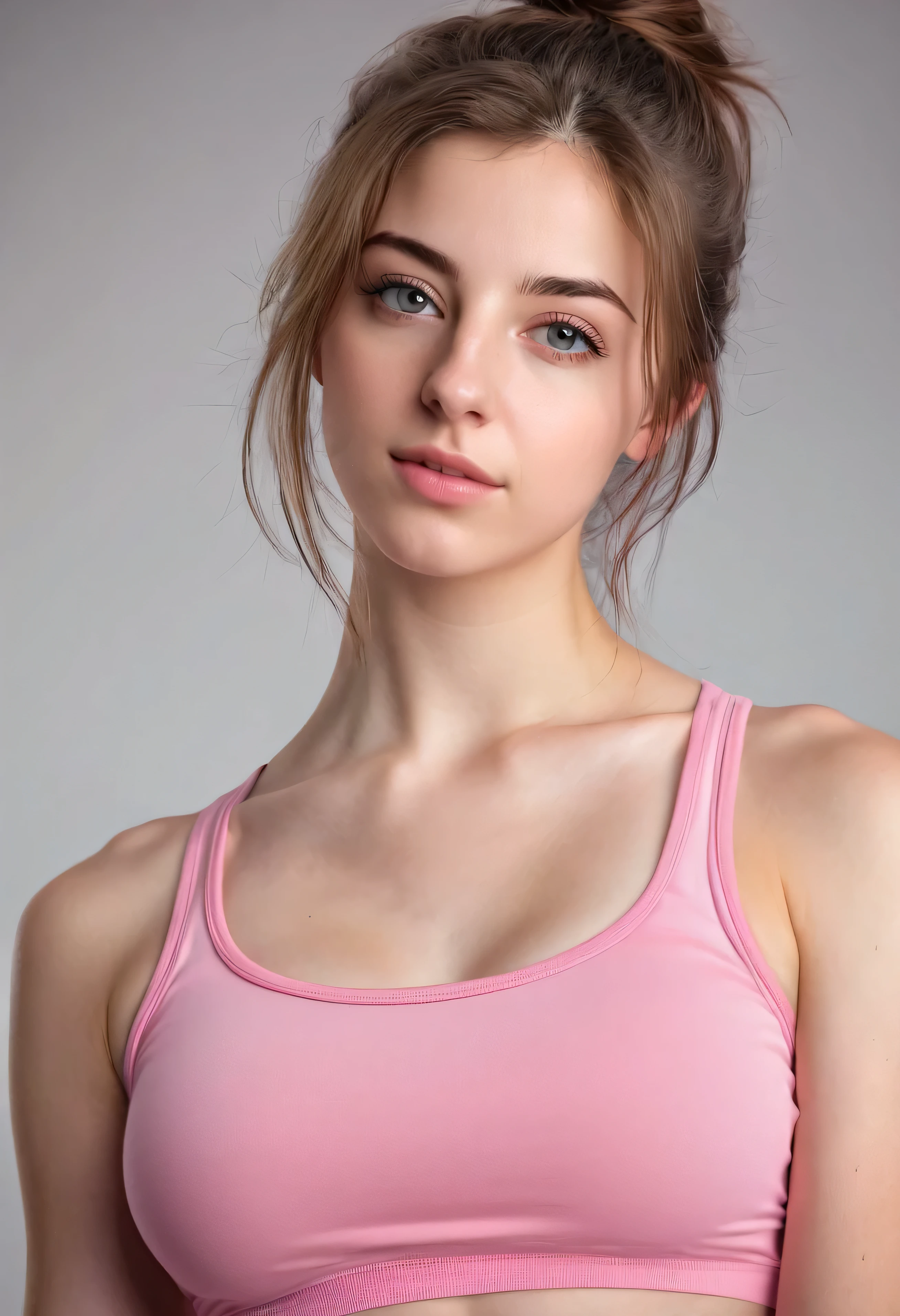 Beautiful Palestinian girl, fair skin, young, , long beautiful brown hairs ,cute, fit, pink crop top, (round neck), (ultra realistic, portrait, face focus, detailed face, half body)