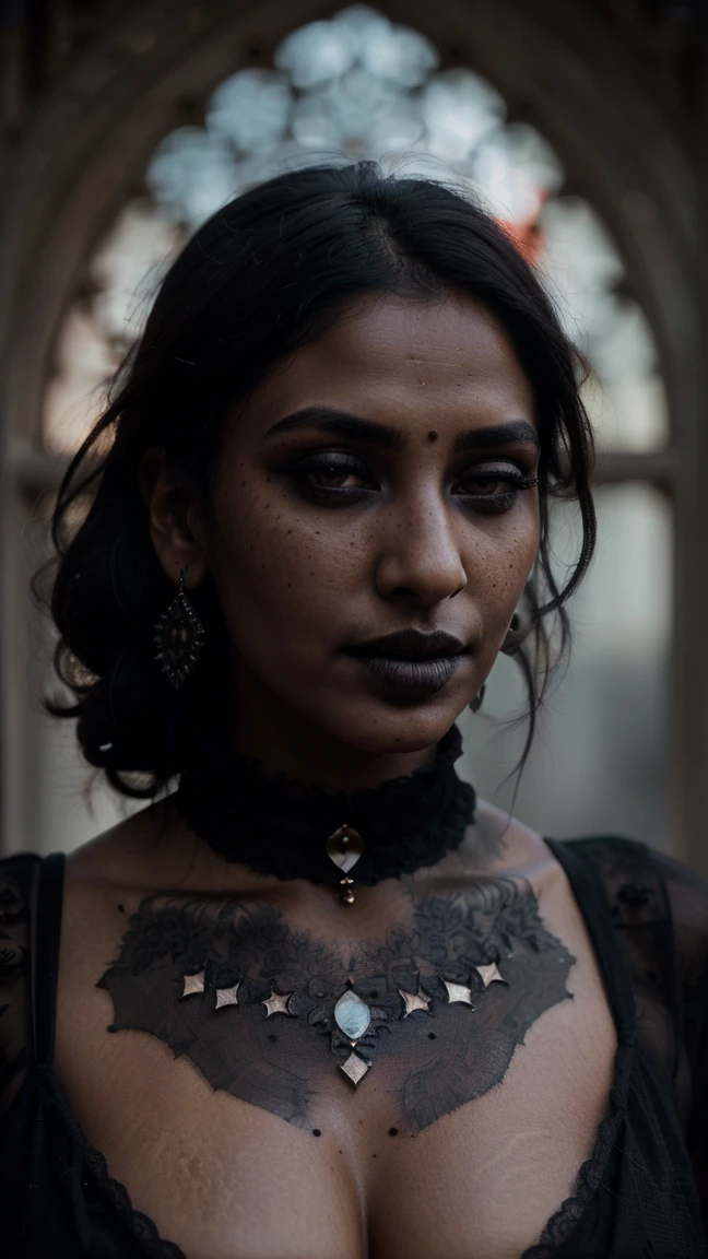 (best quality, hyperdetailed photography:1.2), beautiful Indian lady, ((dark black lipstick)), freckles, gothic dark makeup, soft light, massive perfect breast, head and breast portrait, cover, (detailed beautiful face, detail skin texture, ultra-detailed body:1.1) sexy vampire women, closeup
