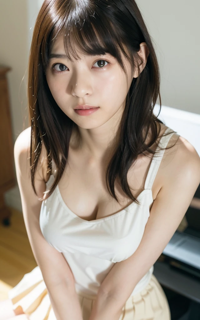table top, highest quality, 16k, 1 girl, , big breasts, Raw photo, professional photography, portrait, soft light, professional lighting, alone, 笑face, close, face, close, cute, girly, goddess, delicate girl, pure beauty, Digital single-lens reflex camera, avert your eyes, Frank, Sophisticated, film grain, (目とfaceの詳細:1.0), long hair swaying in the wind, bangs, (White tight tank top that clings to the breasts)、(Pale mauve pleated skirt)、(big breasts:1.5)、cute hanging eyes、late night office、I'm sitting in a chair in front of my computer