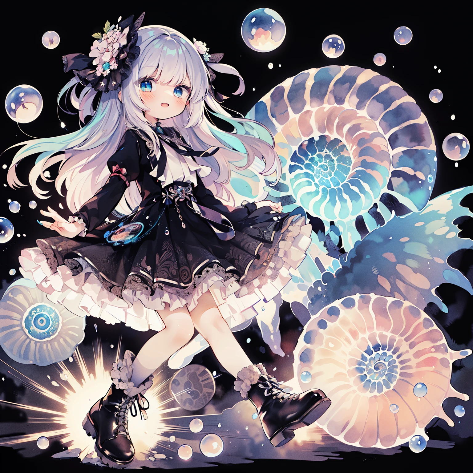 anime girl with blue eyes and black dress and black boots, pastel watercolor anime。Glowing ammonite boots on a black background、A girl carrying a glowing ammonite is smiling and wearing a Gothic Lolita dress.、The speech bubble reads "HAPPY BORTH DAY",Multiple exposure silhouette,jellyfish shrine maiden, jellyfish priestess, dreamy psychedelic anime, bubble goth, splash art anime , , anime fantasy illustration, portrait of magical lolita girl, lolish, anime illustration, anime art nouveau cosmic display, anime graphic illustration, lolita fashion, sparkling magical girl, nightcore