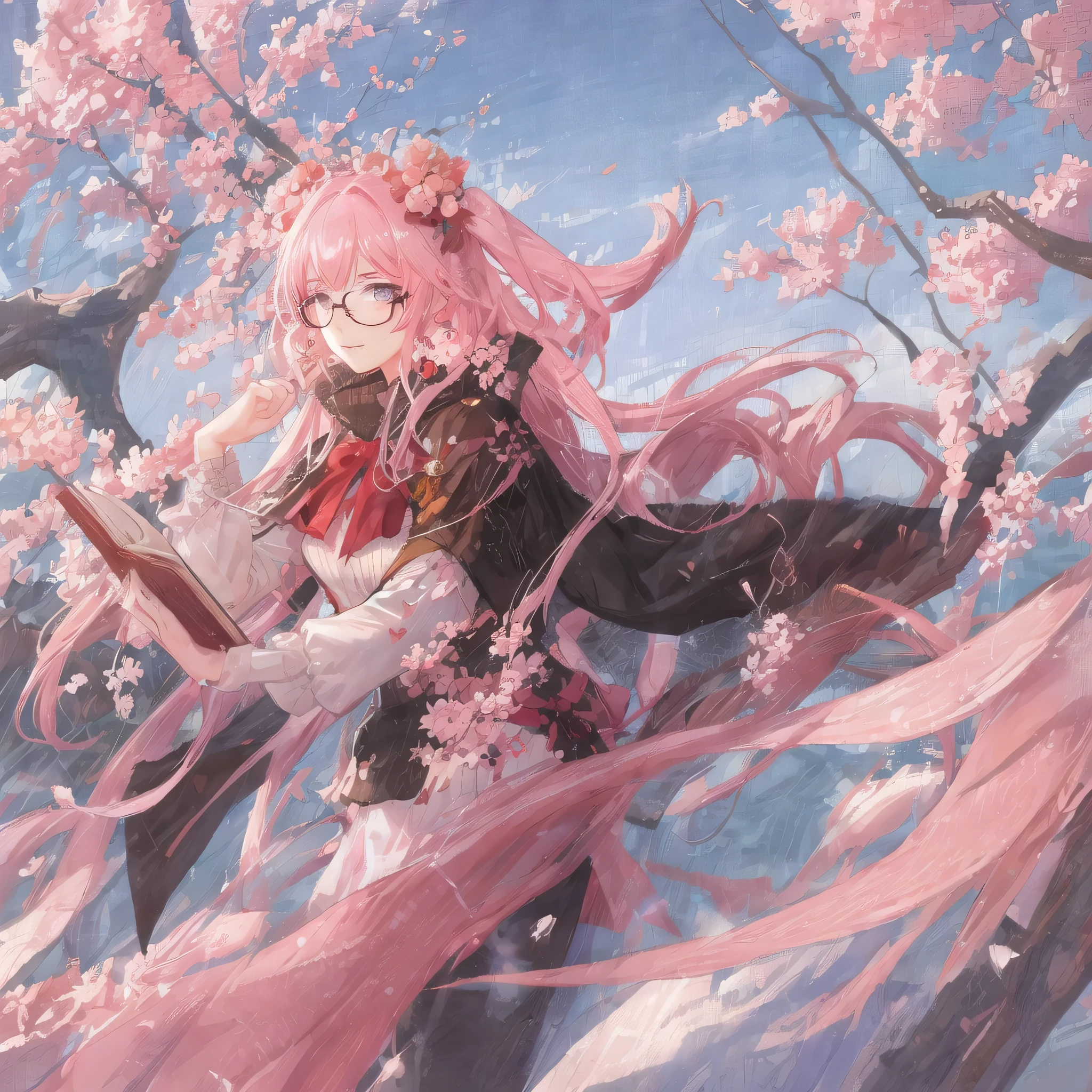 (double exposure:1.4),1girl, glasses, reading,Cherry blossom trees,Lakeside