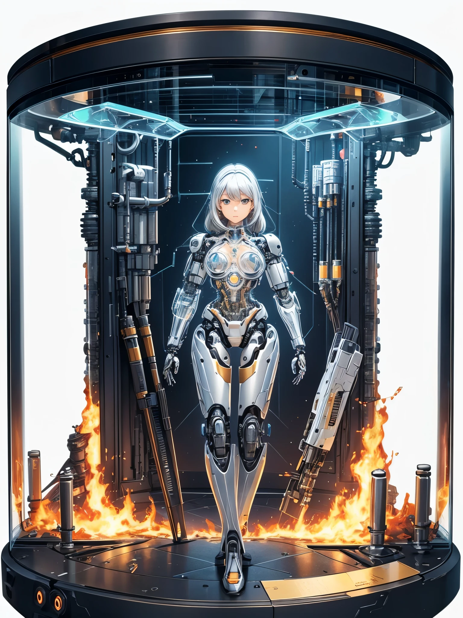 ((highest quality)),(ultra high resolution),(Super detailed),(detailed description),((best CG)),(best work of art),super precision art,amazing drawing art,(Sci-fi art with precise details:1.5), (female cyborg:1.6),(A meticulously detailed, fully mechanical body:1.5),cylinder,Actuator,((transparent parts:1.8)),Precision circuit,action:1.1,ダイナミックaction:1.3,dynamic pose:1.4, The power of science:1.5, explosion:1.4,hot air:1.4,