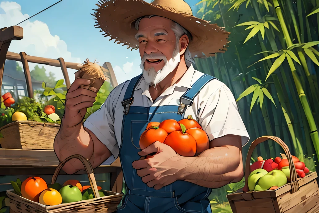 The eyes are more normal, the hat is fully exposed, and there is a big fish in the hand.