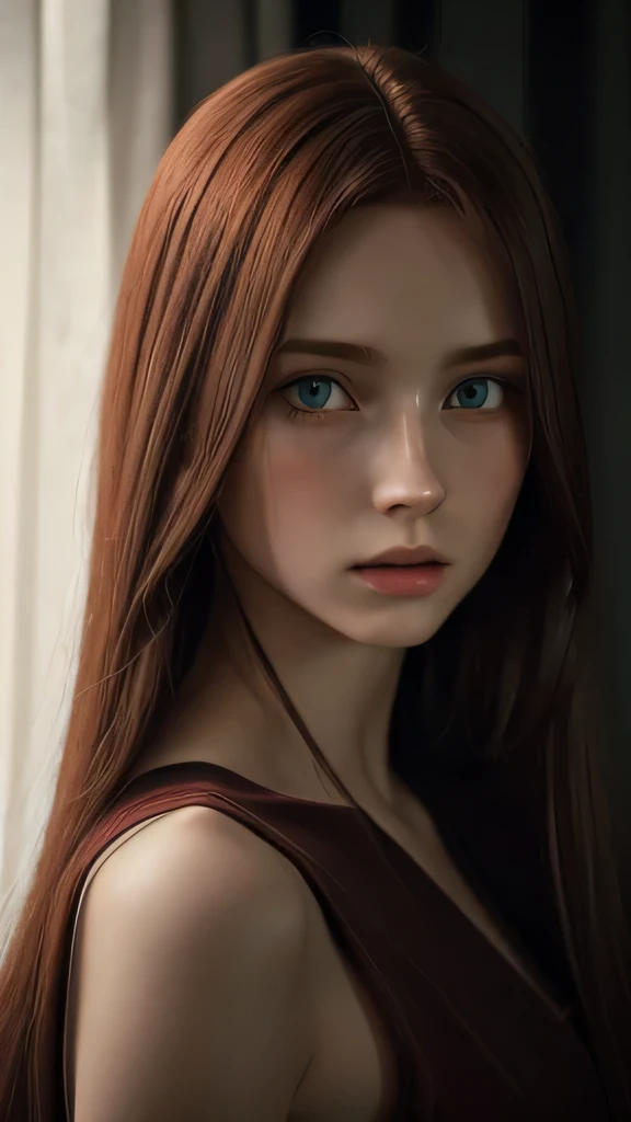 A very long straight silky red haired sweden girl, bang, green eyes, ************, young, pale skin, Ultra high res, uhd, (photorealistic:1.4), doll-like face, in a dark room dramatic lighting, crying,  torso shot, a towel wrapping around her body