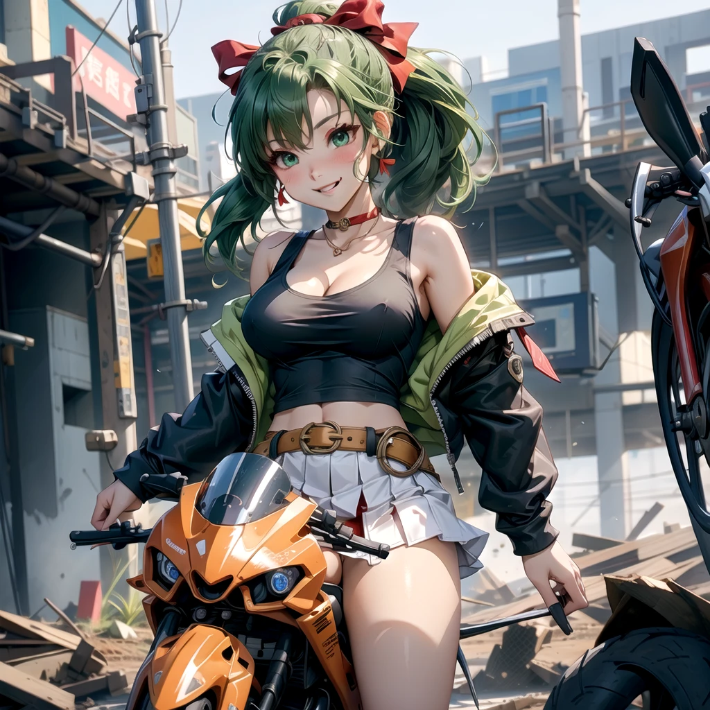 girl、(((one person)))、green eyes、green hair、Red ribbon and ponytail hair、black mini skirt、riders jacket、Tank top、D cup bust、background blur、line of sight、blush、smile、motorcycle、straddle、wide angle lens、Angle from below