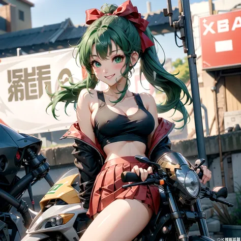 girl、(((one person)))、green eyes、green hair、red ribbon and ponytail hair、black mini skirt、riders jacket、tank top、d cup bust、back...