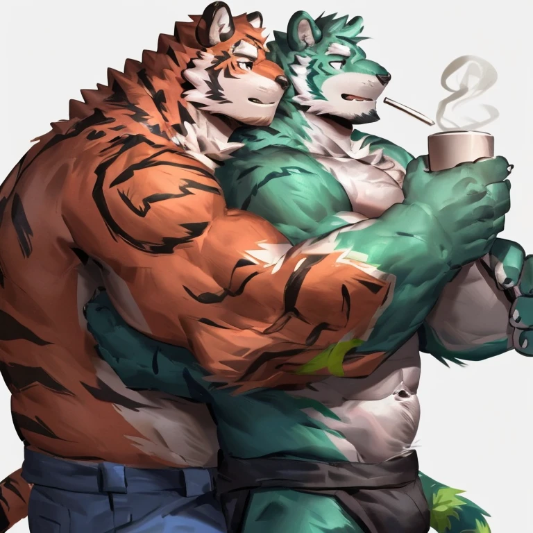 two muscular tiger , furry chest, muscular green tiger hug muscular tiger back, muscular green tiger stand behind, hug from behind, white background, perfect hand, perfect antomy, thick furry neck and chest fluff, handhold cup of coffee, kiss, hand into jock, side view, jock, having sex, by lindong, by nullghost