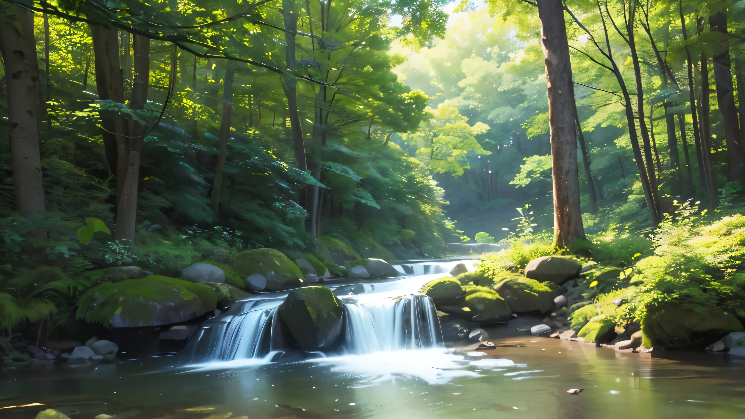 I took a photo of a peaceful moment spent in nature..。wood々Imagine a peaceful landscape bathed in soft morning light.。.。a gentle meandering stream、Surrounded by lush greenery。The overall atmosphere is calm and connected to the natural world.、Highlights the beauty and serenity of outdoor moments。