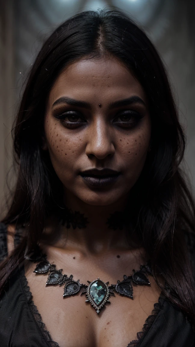 (best quality, hyperdetailed photography:1.2), beautiful Indian lady, ((dark black lipstick)), freckles, gothic makeup, soft light, curvy figure, head and breast portrait, cover, (detailed beautiful face, detail skin texture, ultra-detailed body:1.1) sexy vampire women, closeup