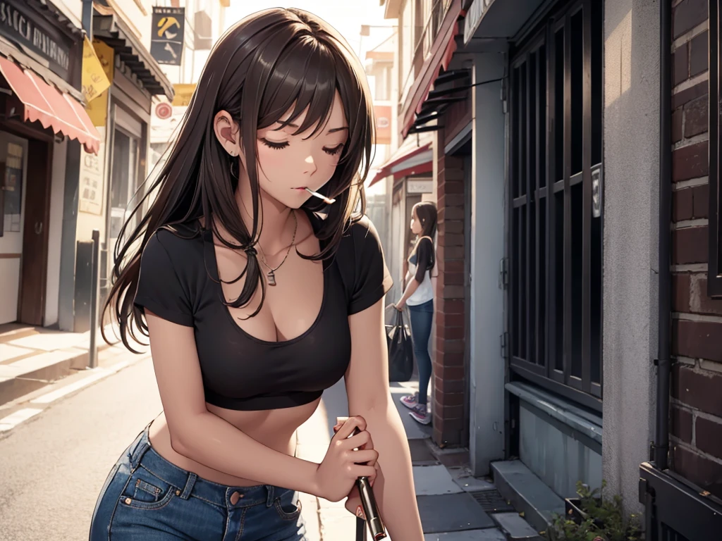 a girl smoking a cigarette, smoking, smoker, long brown hair, she's in extase, she's enjoying it, alone, (((masterpiece))), highly detailled face, short jeans, black sportbra, closed eyes, doing push-up