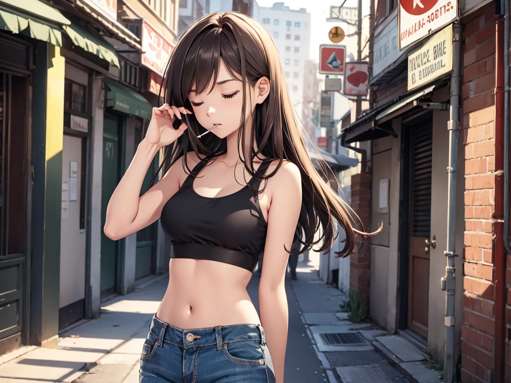 a girl smoking a cigarette, smoking, smoker, long brown hair, she's in extase, she's enjoying it, alone, (((masterpiece))), highly detailled face, short jeans, black sportbra, closed eyes, doing push-up