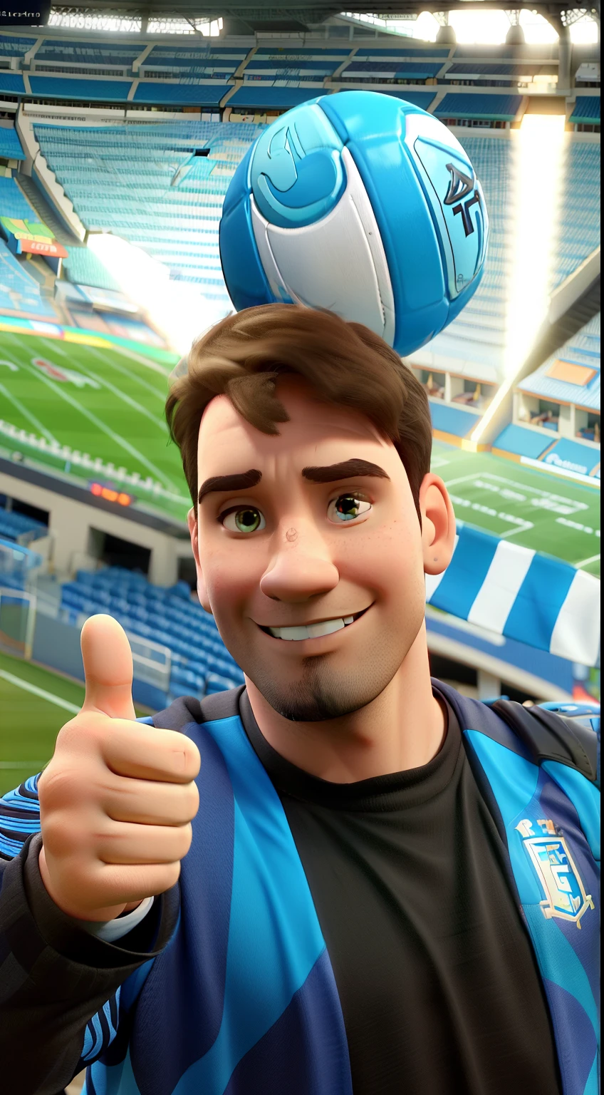 um homem estilo pixar , com cabelo castanho arrepiado, inside a football field giving a thumbs up sign wearing a blue Argentina shirt with a ball in his arm