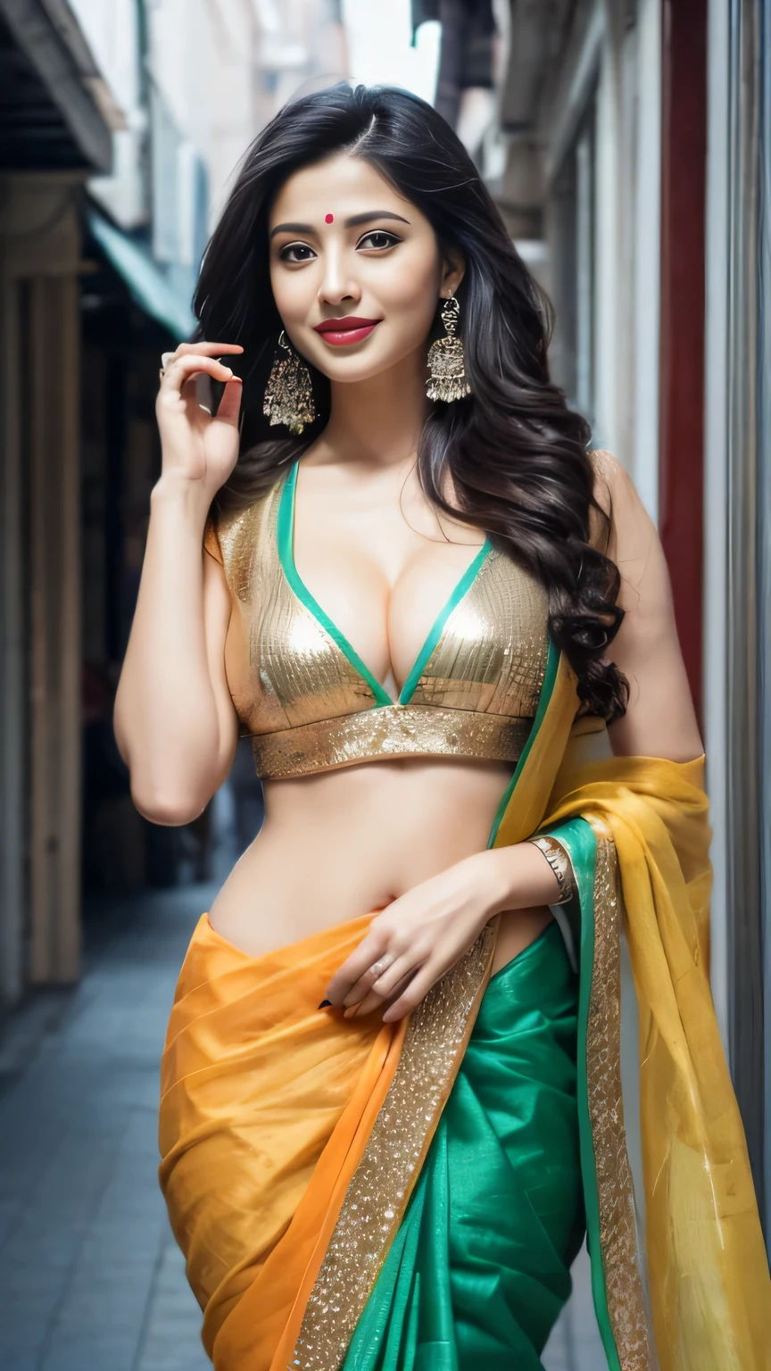 Gorgeous Bollywood supermodel, upper half body of (A hyper-realistic), big breast, Big cleavage, (illustration), (high resolution), (8K), (highly detailed), smile, smiling, (The best illustration of beautiful detailed eyes), (top-quality), (ultra-detailed), (​masterpiece), (beautiful attractive face), long hair, Earrings with bangs, ((25 year old Indian beautiful girl)), (((wearing traditional sari ))) , (((Glamorous body))) , Elegant Pose, Seduction pose, Looking at the camera, shopping mall in background, shop in background