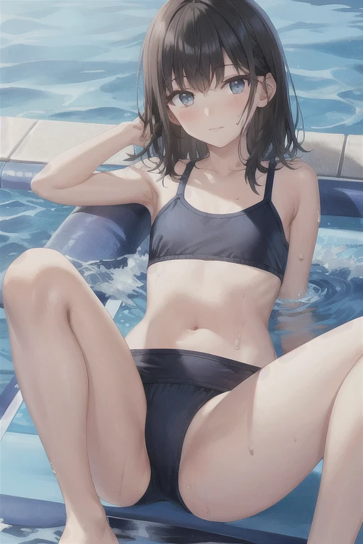 very cute woman ,10,
black hair, bangs,princess cut,blue eyes,flat chest,school swimwear,wet body,wet hair,
summer,school pool, sitting, Knee Up Solo, 1 girl,
break
(masterpiece, highest quality,Super detailed)