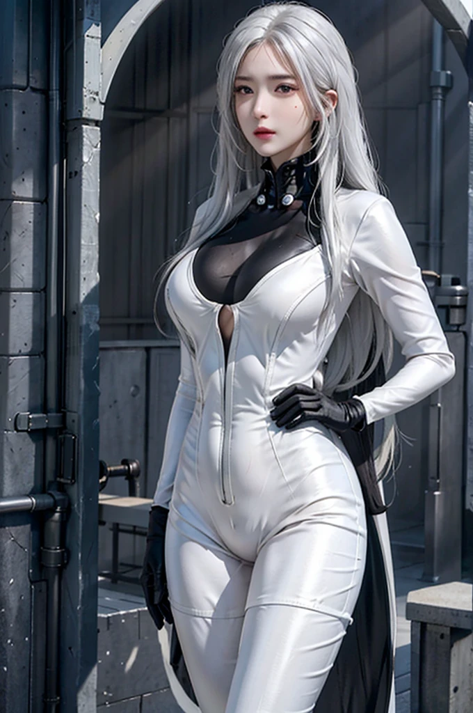 lifelike, High resolution, 1 female, alone, Hips raised, look at the audience, (Detailed face), white hair, long hair, fat, roam\(bodysuit\), black suit