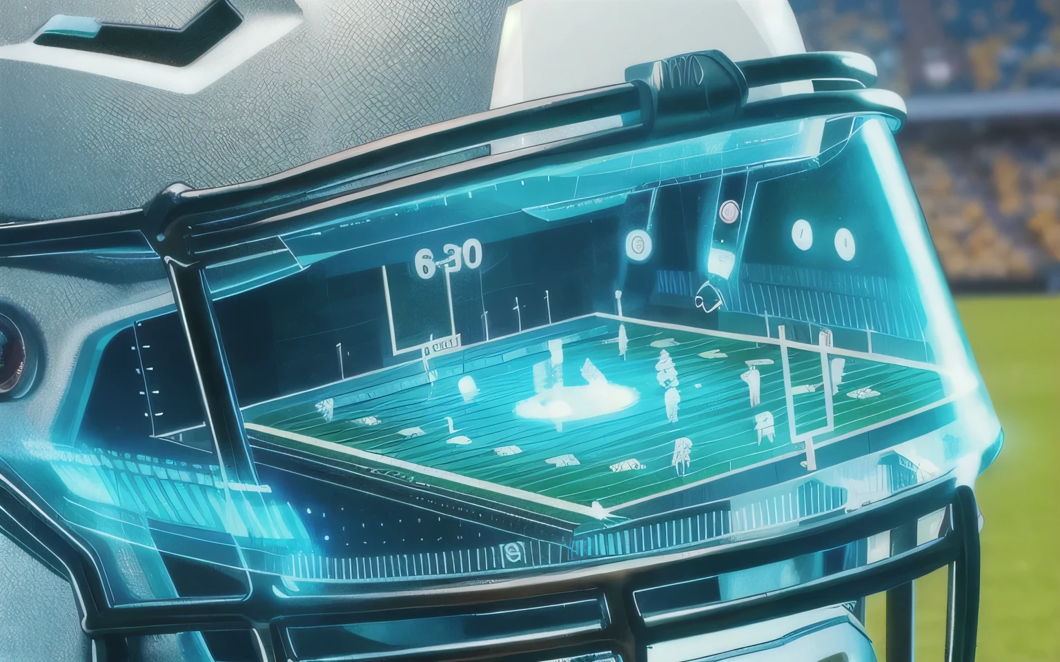 a close up of a helmet with a football field in the background, futuristic sport arena, by Wayne England, futuristic. game cg, 8 k detail, 8k detail, by John La Gatta, game ready, in game capture 3d render, football, stunning high tech, cgi rendering, cg art, 8 k high detail concept art, sports broadcast