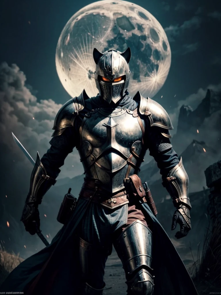 Incredible masterpiece:1.2, high-resolution, ultra-detailed, realistic:1.37, cat, knight, armor, sword, majestic, courageous, fierce, glowing eyes, mighty warrior, battle, moonlit night, fantasy, medieval, heroic, valiant, powerful, dynamic pose, dramatic lighting, atmospheric backdrop, vibrant colors, epic battle scene