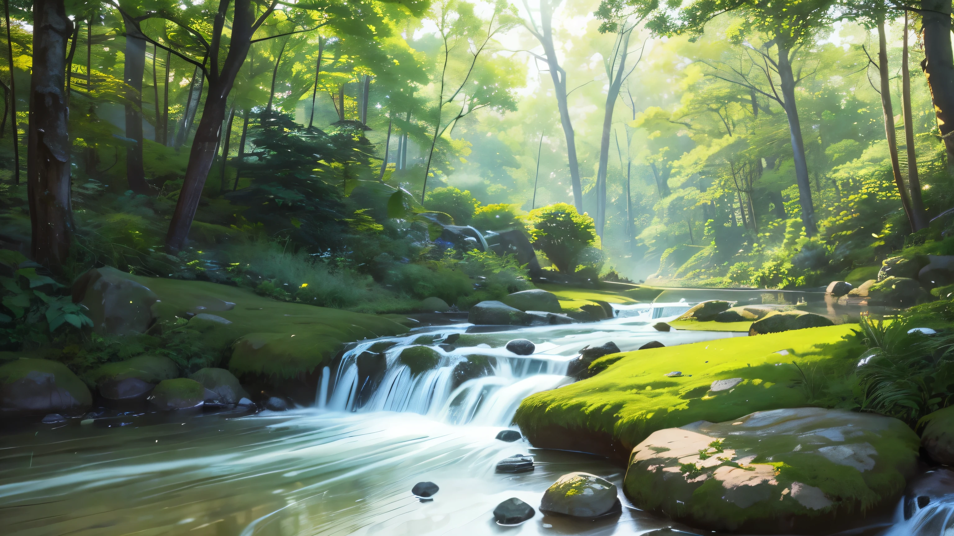 I took a photo of a peaceful moment spent in nature..。wood々Imagine a peaceful landscape bathed in soft morning light.。.。a gentle meandering stream、Surrounded by lush greenery。The overall atmosphere is calm and connected to the natural world.、Highlights the beauty and serenity of outdoor moments。