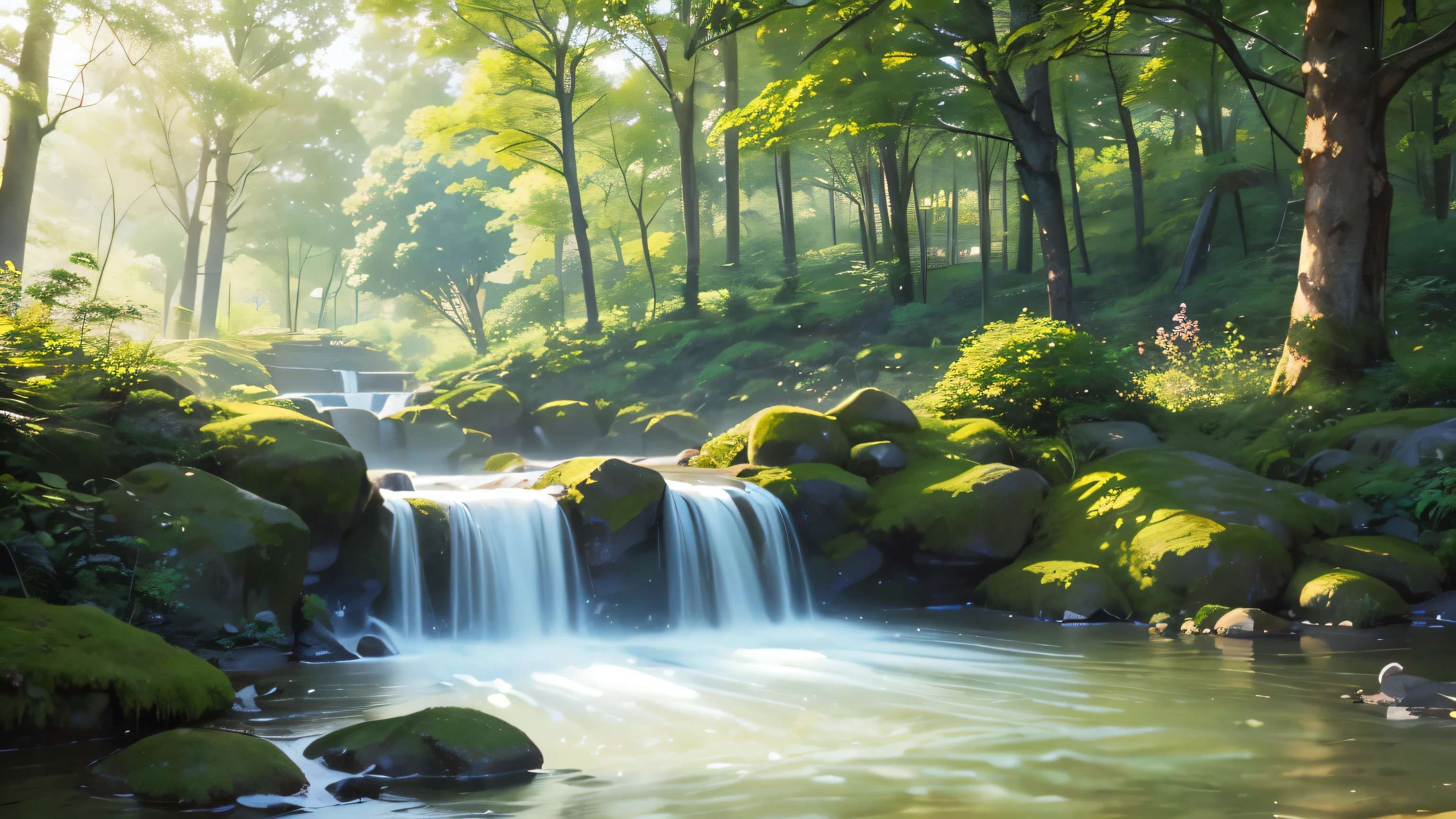 I took a photo of a peaceful moment spent in nature..。wood々Imagine a peaceful landscape bathed in soft morning light.。.。a gentle meandering stream、Surrounded by lush greenery。The overall atmosphere is calm and connected to the natural world.、Highlights the beauty and serenity of outdoor moments。