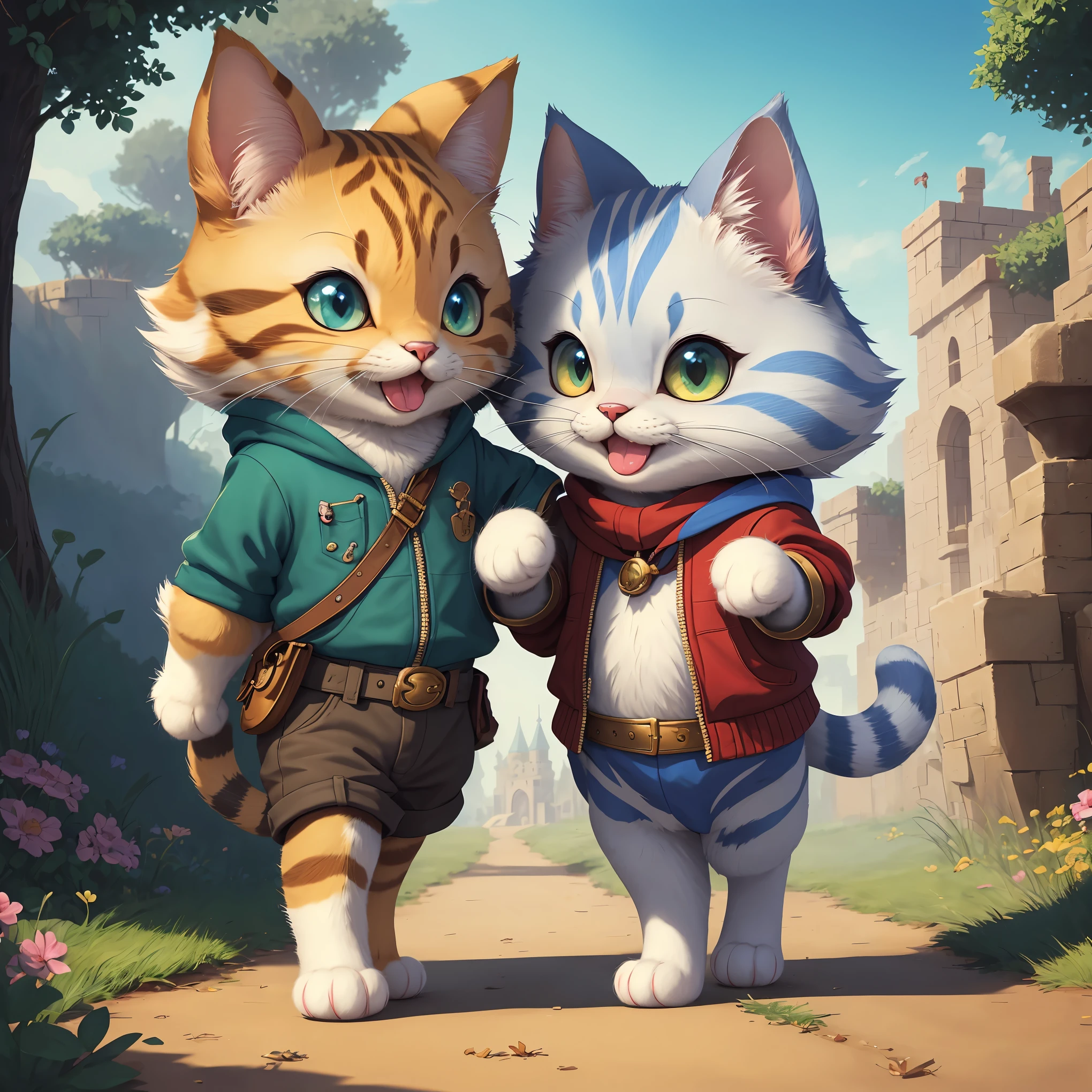 A cat knight in a magical world, inspired by the famous cat and mouse duo Tom and Jerry. The cat knight embodies the spirit of chivalry and courage as it engages in a playful and humorous battle with a mischievous mouse. The scene captures the sense of fantasy, fun, and adventure, showcasing the bond of friendship between the unlikely pair. The artwork is created in a whimsical and cute art style, with vivid colors and detailed fantasy elements. (best quality,4k,8k,highres,masterpiece:1.2),ultra-detailed,(realistic,photorealistic,photo-realistic:1.37),studio lighting,professional,comic style,cartoonish,funny expressions,vivid colors,magical atmosphere.