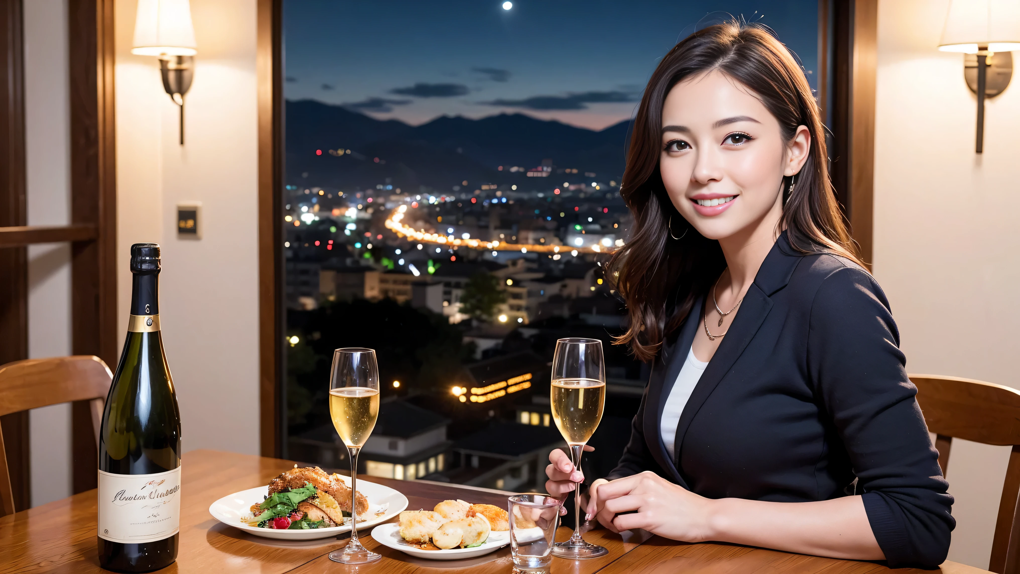 (K UHD, nffsw, top quality, table top: 1.2), (realistic, realistic: 1.37), Spectacular view of the sunset sky and clouds、Amazing mountain views、A bright smile、A lovely woman with a smile、The woman's face is bright、fox face、lady、Wine Party、hors d'oeuvre、Italian food、2 beauties、brown hair、shortcut、long sleeve shirt、winter fashion、dress、Japanese、Englishman、Dutch、German、Belgian、Italian、French,wine bottle、hors d'oeuvre、Champagne、sparkling wine、Pretty Woman 1, (slim face), (Because I'm slender), (brown hair), (shortcut), cheeks turn a little red, (40 years old), 38 years old, attractive beauty、, A beautiful and detailed night view spreads out outside the window.........., restaurant, sitting in a wine glass, At night, in a prominent place (from the waist up) nova frog style, actress, model, Upper body, White wine, slim, wine glass, very beautiful night view, wine glass placed in the middle, Smile, (smile: 1.15), beautiful small eyes,