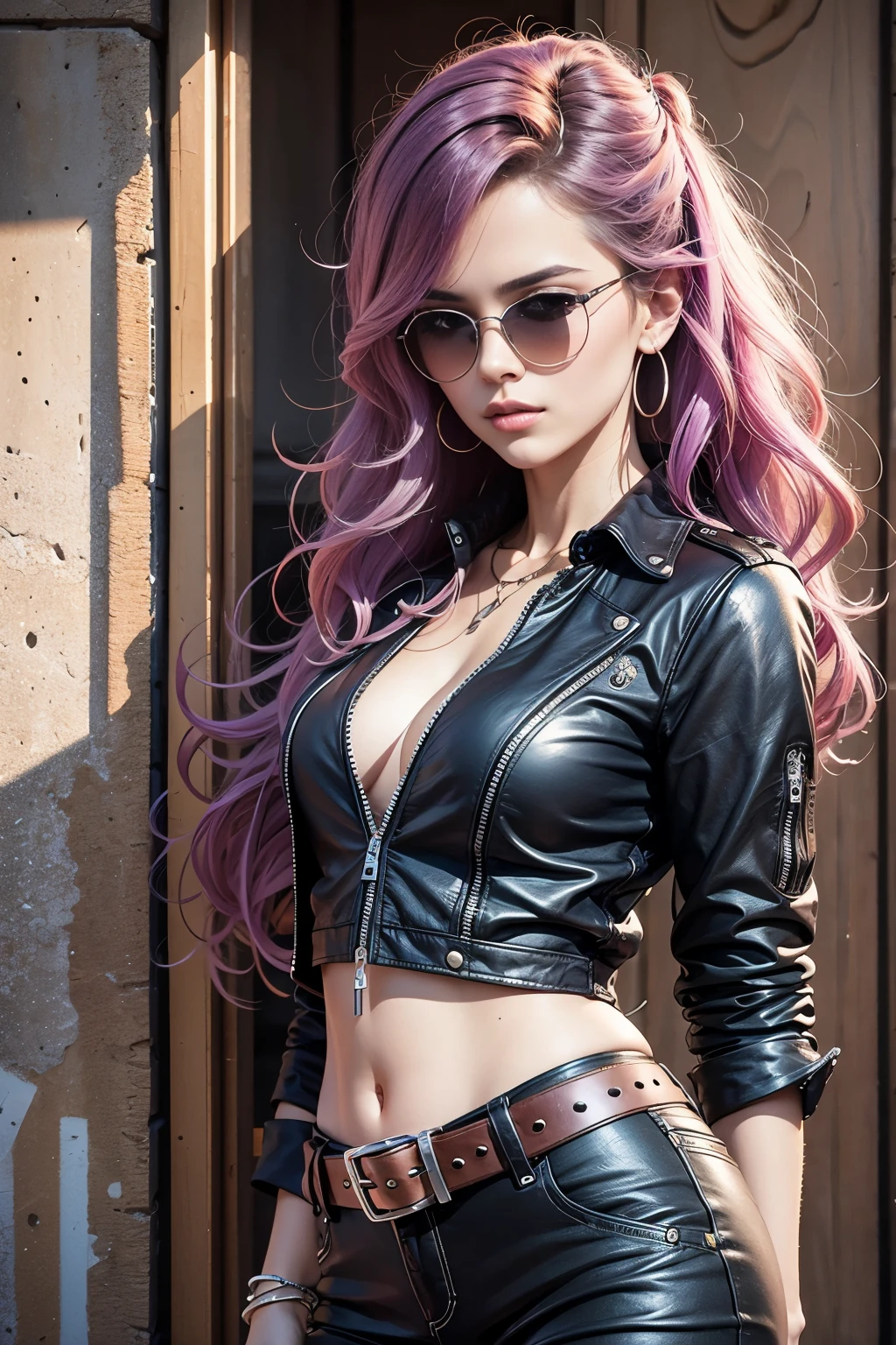 bad girl、Bossy attitude、hat、brown hair、Jacket、sunglasses、accessories、laminate pants、denim pants、tattoo、long legs、boots