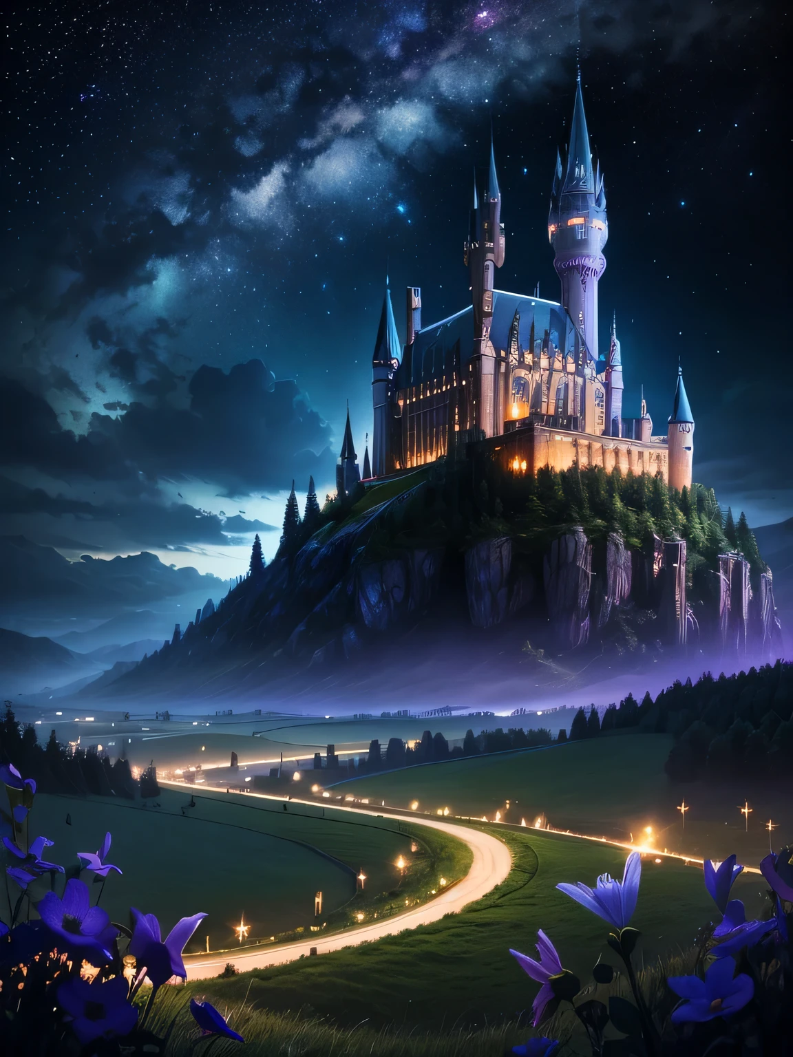 magic meadow at night, starry sky, Hogwarts castle on the horizon,  bright flashes and spells everywhere.