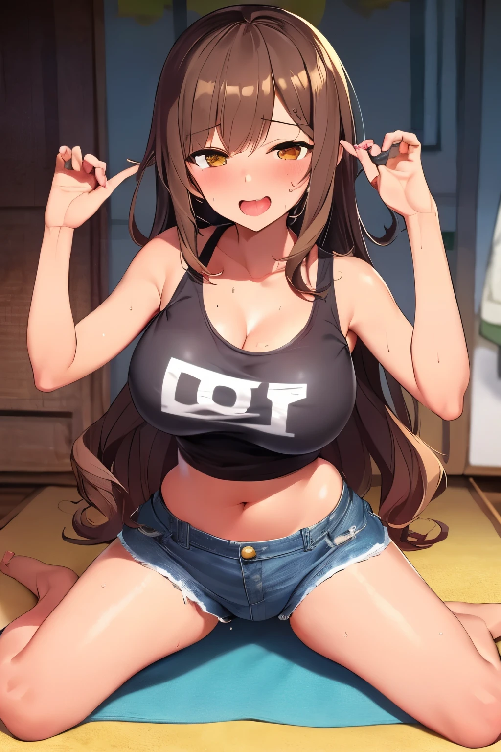 2D,highest quality,(masterpiece),(full body),((girl1people)),Semi-long hair that reaches to the shoulders,((amber brown hair)),((beach waves)),healthy dark skin,((denim hot pants)),A pink tank top with alphabet letters on it,Shiny bare legs,barefoot,beautiful brown eyes,attractive thighs,Bedroom,Get drunk,upper grade,cheeks are bright red,Cute with bruises,devilishly sexy,erotic look,large drops of sweat,It's stuffy,bold pose、my room