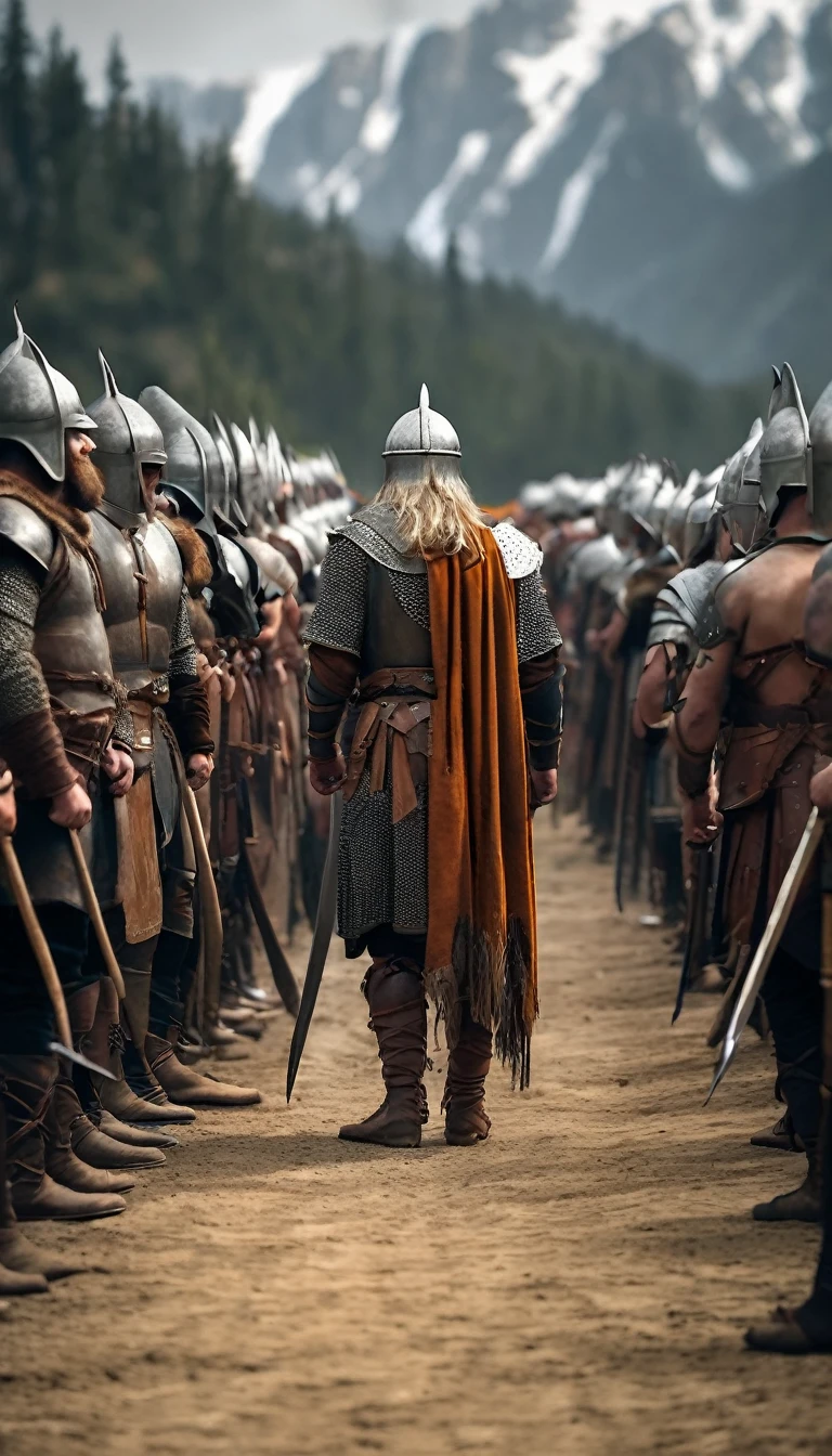 Arafed man in armor standing in front of a line of soldiers, VIQUINGUES, Cultura Viking, guerreiro Viking, Guerreiro Viking antigo, an epic viking battle scene, viking and templar aesthetics, estilo Viking, norse warrior, armadura Viking, epic viking king, traje Viking, wearing norse armor, armadura Viking detalhada, Viking, Rei Viking, usando roupas VIQUINGUES, epic realistic, Soft cinematic portrait, adobe lightroom, photographic lab, altamente detalhado, desbotado, (cores neutras: 1,2), (hdr: 1,4) , (cores suaves:1.2), hiperdetalhado, (artstation:1.4), cinemactic, luzes quentes, dramatic light, (detalhes intrincados:1.1), fundo complexo, (rutkowski:0.66), (azul e laranja:0.4), 8K