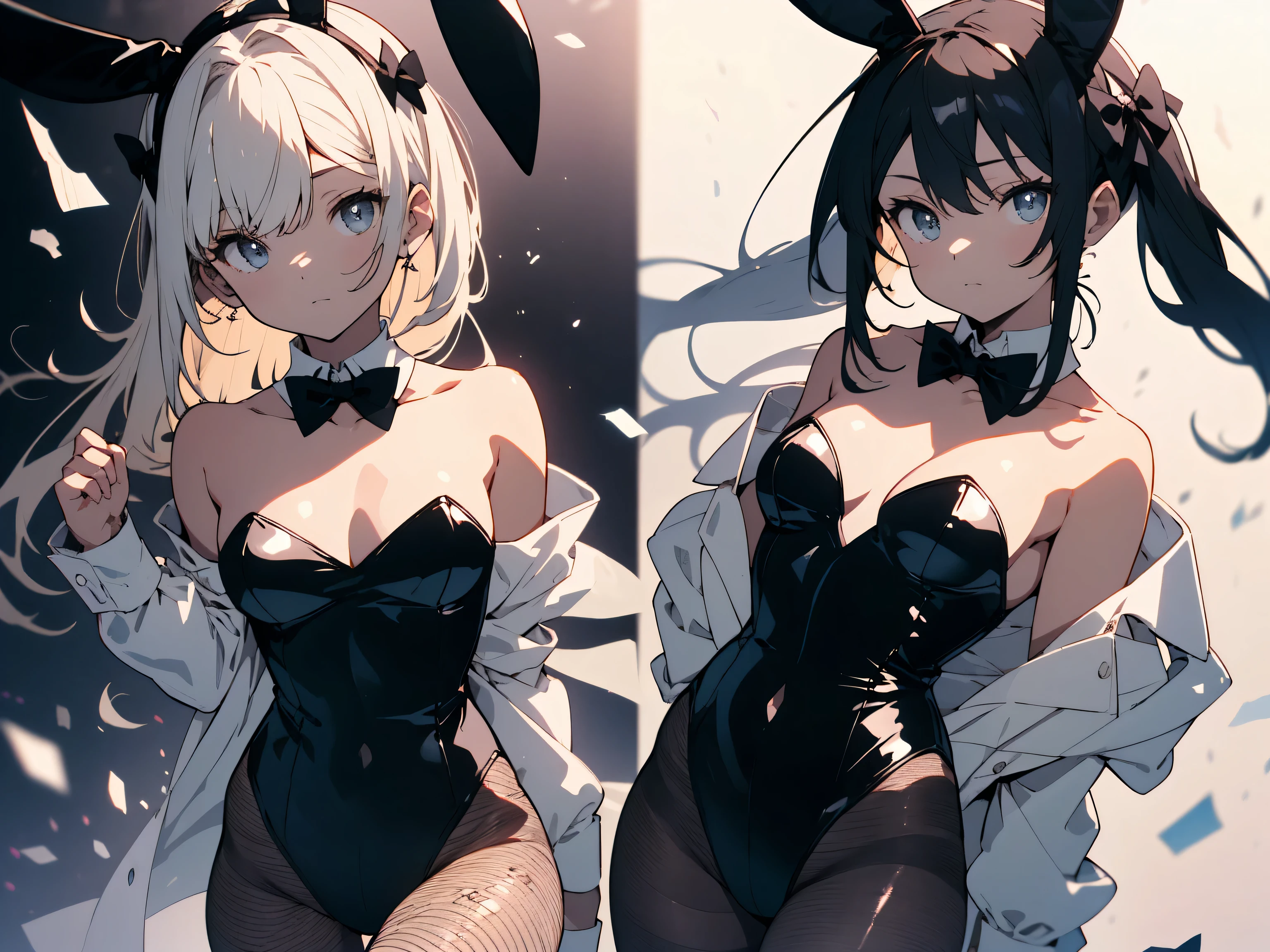 (highest quality、masterpiece、High resolution、detailed)、(Shining eyes、detailed beautiful face)、4K、bunny_girl,wearing a black bunny girl outfit,Animal ear headband,(black rabbit ear:1.1),(white collar and black bow tie:1.3),(cuffs:1.3),(white cuffs:1.1),leotard,black leotard,(bare shoulders:1.2),(shoulderless:1.2),(strapless:1.2),(No shoulder straps:1.2),leather leotard,wearing tights under the leotard,(fishnet pantyhose:1.2),bunny tail、(beautiful anime)