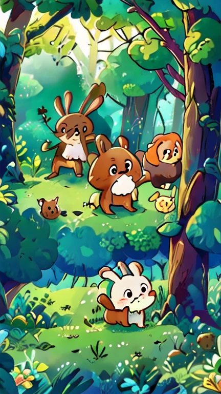 大家一起Plant a Friendship Tree，脸上洋溢着joy与expectations。 |The small animals have elephants，squirrel，bunny，bunny，bear，Plant a Friendship Tree，joy，expectations，cooperate，background：Outdoor green area 