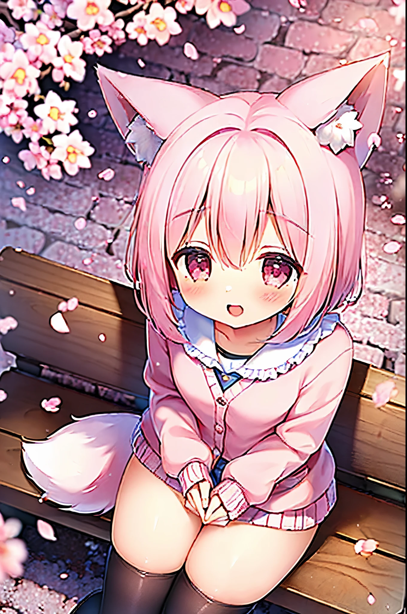 (masterpiece:1.5) (high quality:1.5), (beautiful:1.5), (8K:1.5), (High resolution:1.5), (1 girl:1.5), (pink short hair:1.4), pink short hair:1.4), (Pink fox tail:1.5), (Pink fox tail:1.5), (Pink fox ears), (pink eyes), (short shorts:1.3), (Cute frilly cardigan:1.4), (long sleeve:1.1), (Cherry tree:1.4), (Laughing 1.4), (cowboy shot:1.4), (sitting on a park bench with both knees together:1.4), (Cherry blossom confetti:1.5), (From above:1.5)