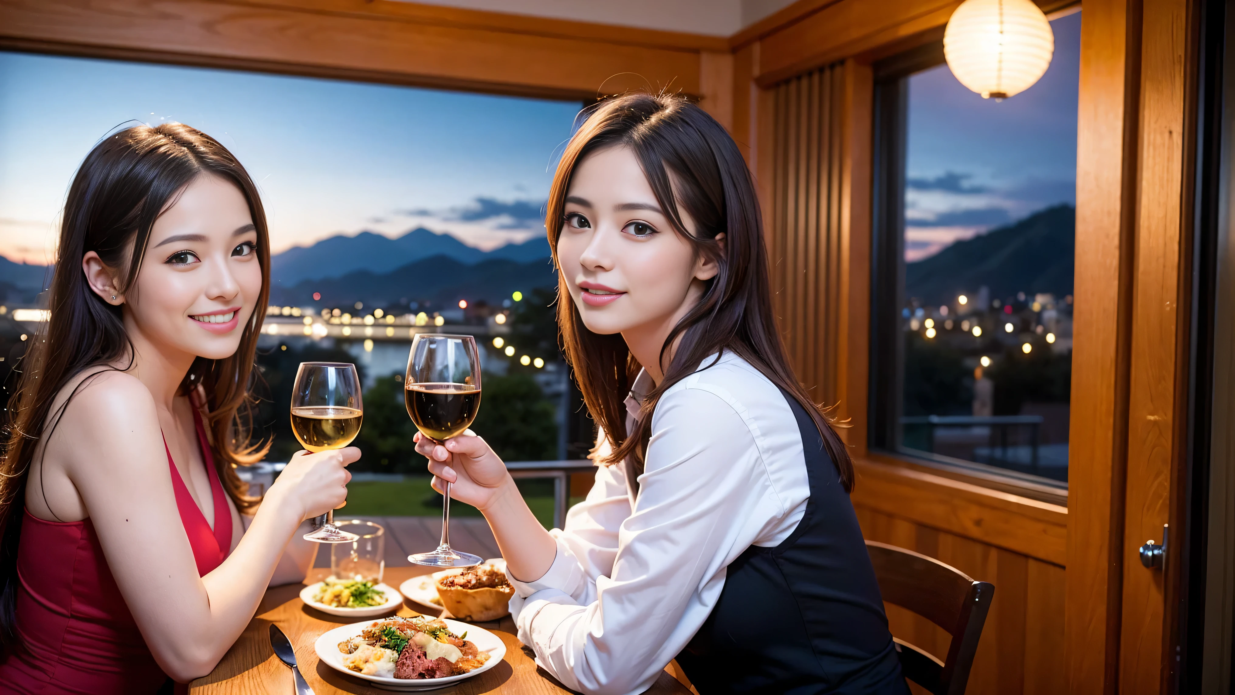 (K UHD, nffsw, top quality, table top: 1.2), (realistic, realistic: 1.37), Spectacular view of the sunset sky and clouds、Amazing mountain views、A bright smile、A lovely woman with a smile、The woman&#39;s face is bright、fox face、lady、Wine Party、hors d'oeuvre、Italian food、2 beauties、brown hair、shortcut、long sleeve shirt、winter fashion、dress、Japanese、Englishman、Dutch、German、Belgian、Italian、French,wine bottle、hors d'oeuvre、Champagne、sparkling wine、Pretty Woman 1, (slim face), (Because I&#39;m slender), (brown hair), (shortcut), cheeks turn a little red, (42 years old), 38 years old, attractive beauty、, A beautiful and detailed night view spreads out outside the window.........., restaurant, sitting in a wine glass, At night, in a prominent place (from the waist up) nova frog style, actress, model, Upper body, White wine, slim, wine glass, very beautiful night view, wine glass placed in the middle, Smile, (smile: 1.15), beautiful small eyes, 