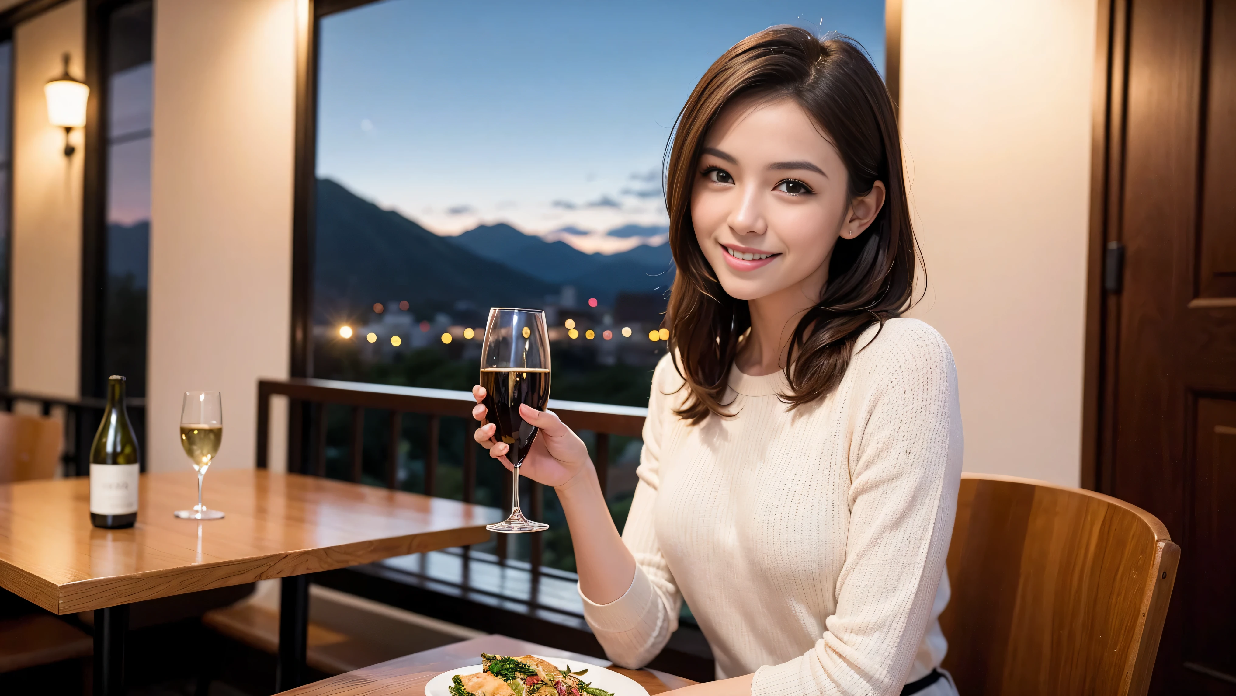 (K UHD, nffsw, top quality, table top: 1.2), (realistic, realistic: 1.37), Spectacular view of the sunset sky and clouds、Amazing mountain views、A bright smile、A lovely woman with a smile、The woman&#39;s face is bright、fox face、lady、Wine Party、hors d'oeuvre、Italian food、2 beauties、brown hair、shortcut、long sleeve shirt、winter fashion、dress、Japanese、Englishman、Dutch、German、Belgian、Italian、French,wine bottle、hors d'oeuvre、Champagne、sparkling wine、Pretty Woman 1, (slim face), (Because I&#39;m slender), (brown hair), (shortcut), cheeks turn a little red, (42 years old), 38 years old, attractive beauty、, A beautiful and detailed night view spreads out outside the window.........., restaurant, sitting in a wine glass, At night, in a prominent place (from the waist up) nova frog style, actress, model, Upper body, White wine, slim, wine glass, very beautiful night view, wine glass placed in the middle, Smile, (smile: 1.15), beautiful small eyes, 