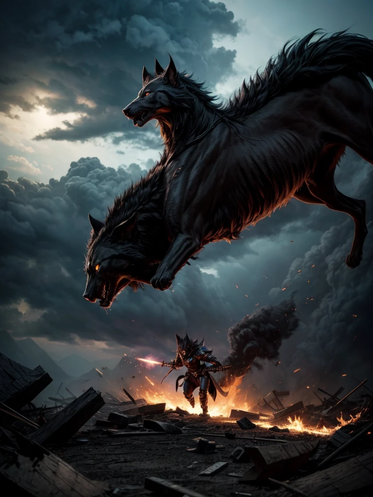 (best quality,4k,8k,highres,masterpiece:1.2),ultra-detailed,(realistic,photorealistic,photo-realistic:1.37),dark fantasy,cat knight in action,fierce battle,ominous atmosphere,sharp claws,armor and weapons,golden eyes,glimmering sword,canvas painting,contrasting colors,moonlit night,gritty texture,banished evil,wounded dogs,bravery and courage,dramatic poses,explosive energy,dominance and power,high contrast lighting,dynamic composition,burst of magic,ethereal background,foreground details,clouds of dust,strewn debris,splashes of blood,eerie shadows,majestic stance,intense expressions,scarred warrior,roaring dogs,crepuscular rays,struggle for survival,motion blur,fast-paced action,mysterious aura,reflective armor,burning determination,fearless protector.