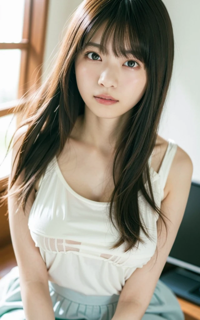 table top, highest quality, 16k, 1 girl, 16, big breasts, Raw photo, professional photography, portrait, soft light, professional lighting, alone, 笑face, close, face, close, cute, girly, goddess, delicate girl, pure beauty, Digital single-lens reflex camera, avert your eyes, Frank, Sophisticated, film grain, (目とfaceの詳細:1.0), long hair swaying in the wind, bangs, (White tight camisole that clings to the breasts)、(Pale green tulle skirt)、(big breasts:1.5)、cute hanging eyes、late night office、I'm sitting in a chair in front of my computer