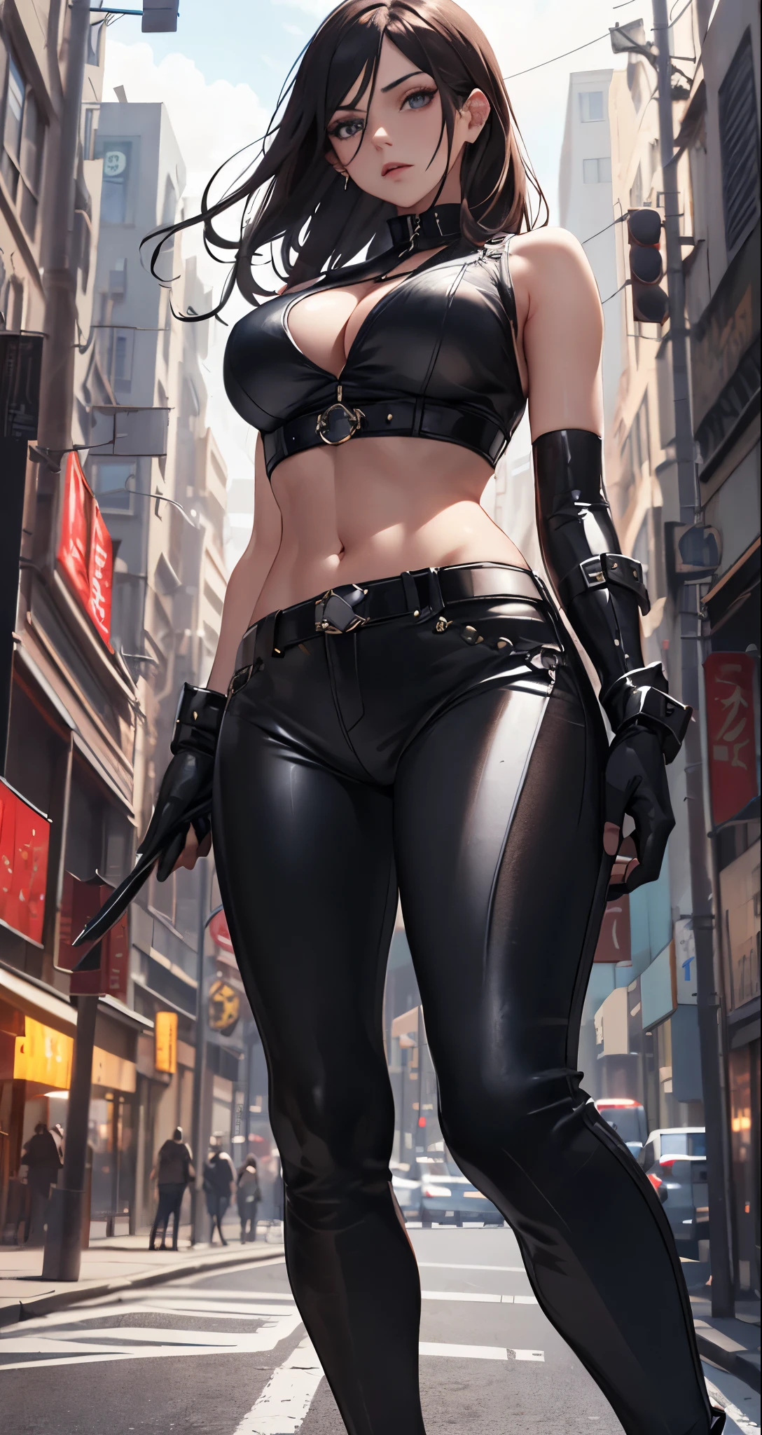 masterpiece, city detailed scenario, city detailed background, solo, laura_kinney, black Leather top cropped, Sleeveless, blacks leather pants, long gloves, Sexy pose