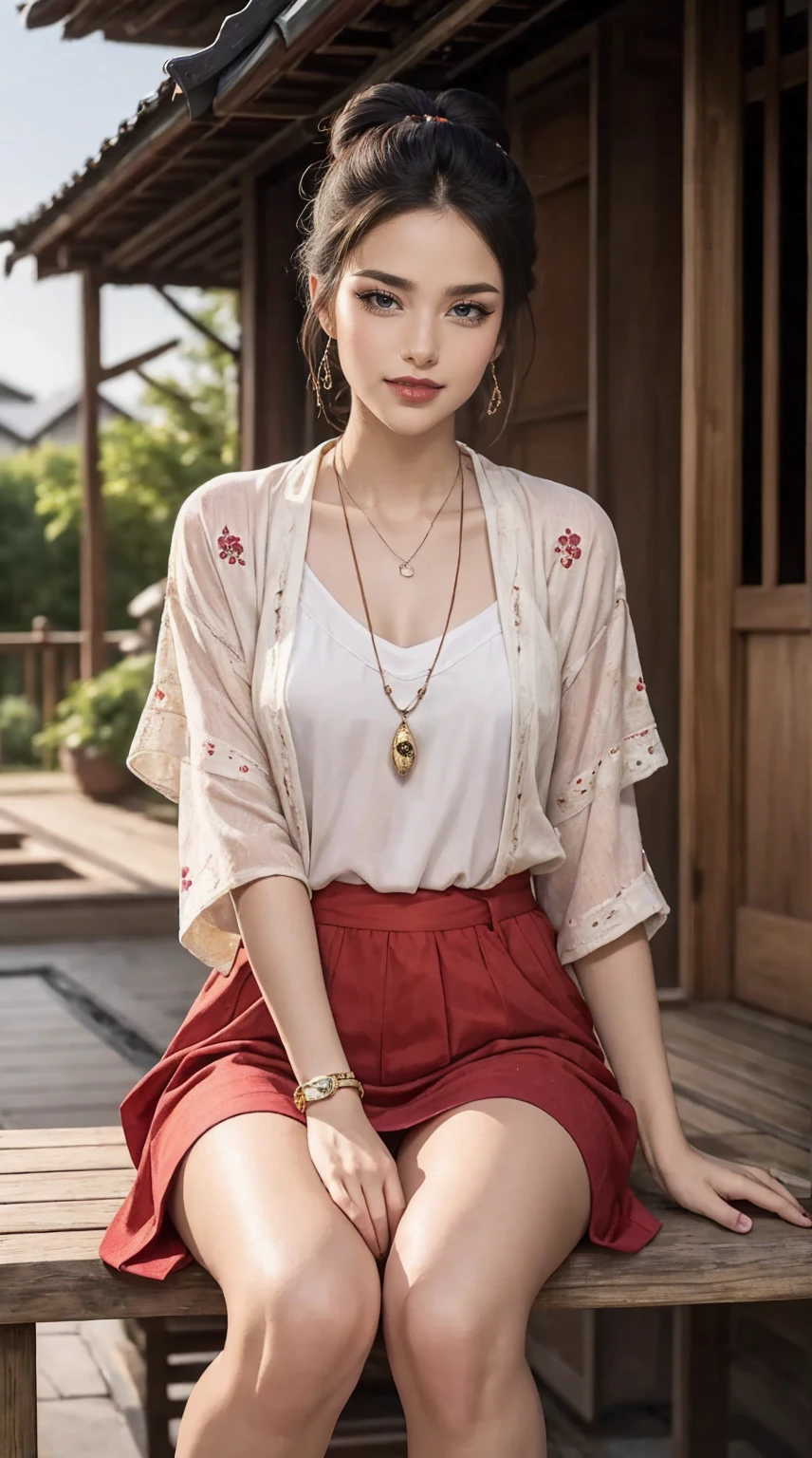 ((最high quality, 8K, masterpiece: 1.3, Ultra HD, high quality, 最high quality, High resolution, realism)) 、A stunningly beautiful 22-year-old Japanese woman、hair color is black、black eye、medium hair、straight hair、smile、Slender but well-proportioned muscular body、Athlete-like body type、I don't want my head to disappear from the screen.、Wearing accessories on your wrist、Wearing red nail polish、I have a peticure、Sitting on the veranda of a Japanese house in the Japanese countryside、It's summer、A wind chime is hung in front of the eaves.、barefoot、There is a basket full of tomatoes and carrots on the veranda.、The basket is made of woven bamboo strips、A courtyard spreads out in front of the verandah.、There is a well with a hand pump in the courtyard.、wear a yukata、smile showing teeth((grin ))