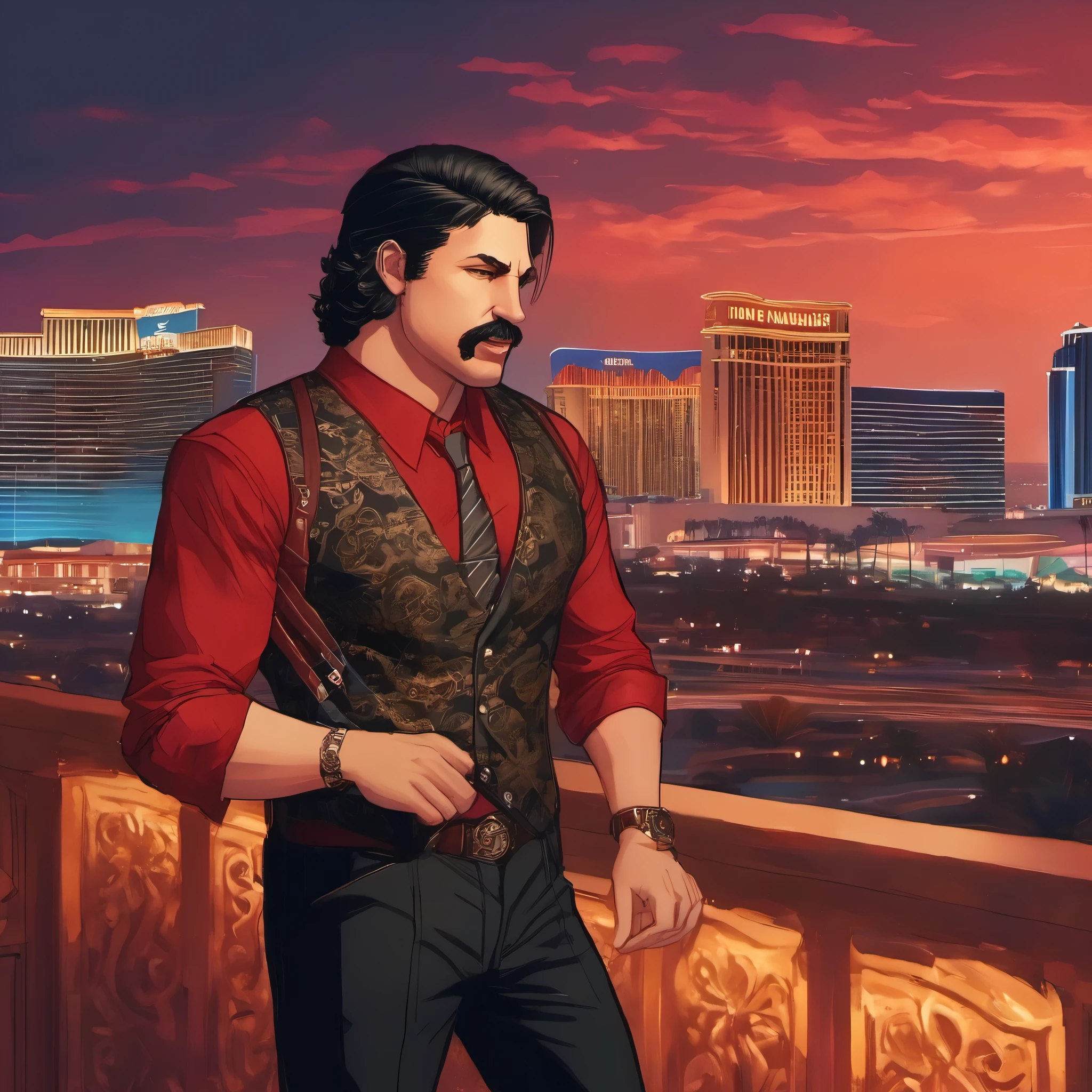 (obra maestra, Mejor calidad:1.2), 1 chico, thenahualli, serious, dangerous man, elegant, elegante, black vest, red shirt, standing, bodyguard of a long brown haired girl, bodyguard of a brunette girl with long hair, 1 girl, en terraza de hotel en Las Vegas, luxurious aambience , on a hotel terrace in Las Vegas, at night, de noche